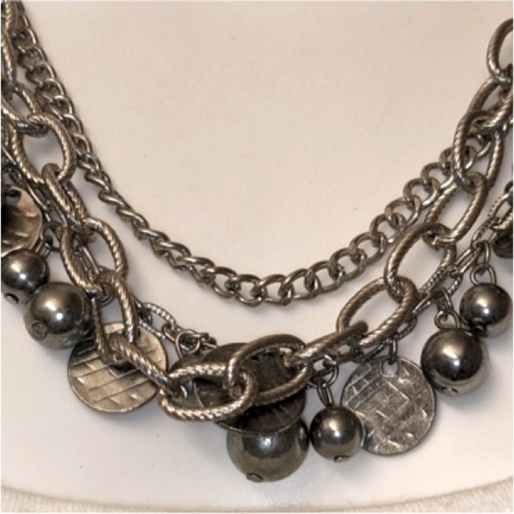 Silver Rocker Rebel Edgy Layered Bead Discs Coins Textured Chain Necklace - Picture 10 of 15